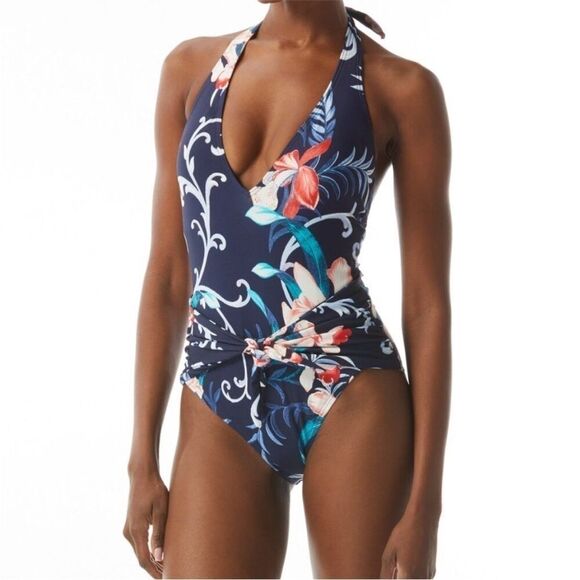 CARMEN MARC VALVO Women's Floral-Print V-Neck Halter One-Piece Swimsuit swim 14 - Picture 5 of 11